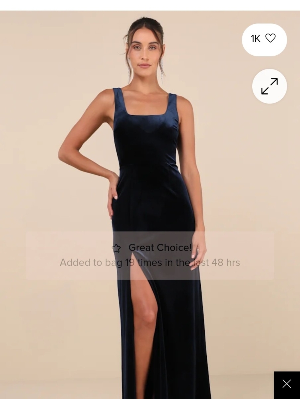 Navy Velvet Square-Neck Evening Gown with Thigh Slit